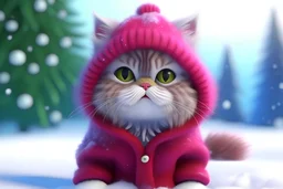 Cute lilac Persian kitten smiley in a red jacket in the snow and Christmas tree, a cute cute little bug-eyed megafowl kawaii. high resolution, 64k, detail rendering, high quality, fantasy, soft warm lighting, fluffy eyelashes, macro photography, 3D rendering, hyperrealism, hyperesthetic, sharpen, CGI