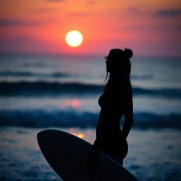 Silhouette of a female surfer holding a surfboard looking out at the ocean at twilight, dramatic stunning