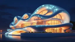 A frisky futuristic fantasy building at night, inspired by the fluidity of ocean waves, with undulating, curved walls made of shimmering, semi-transparent opalescent materials. The happy structure boasts large, intriguing rounded windows, curved balconies and walkways. Award-winning photograph, beautiful composition, joyful appearance.