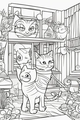 coloring page for kids, Cats in the house, cartoon style, thick lines, low detail, no shading