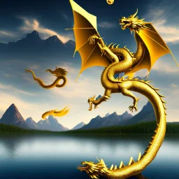 a lone gold dragon flying above a lake with mountains in the background