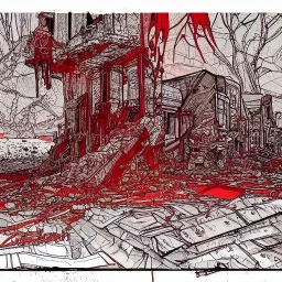  line Art coloured, destroyed, post apocalyptic, darkred tones,