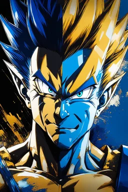 Poster in two gradations, split in half, one side "Vegeta's face", other side "Goku's face", midline of the face, painting by Yoji Shinkawa, dark blue and GOLD detailed iridescent, metallic, translucent, dramatic lighting, hyper futuristic, digital art, shot with Sony Alpha a9 Il and Sony FE 200-600mm f/5.6-6.3 G OSS lens, natural light, hyper realistic photograph, ultra detailed -ar 3:2 -q 2 -s 750,