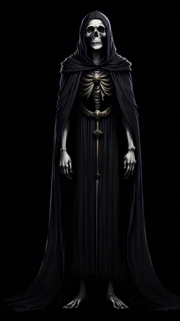 Portrait of Death in full length in saint mantle on black background in realistic style