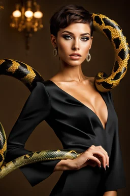 female beauty model, full of oil, real model, beautiful face, tall and perfect body, short hair, eva and the snake