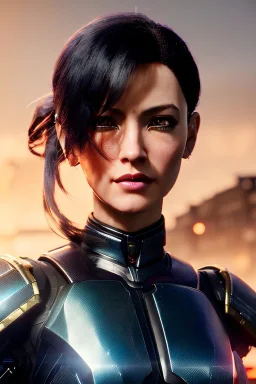 Middle age female Cyborg anime warrior, graying hair, dark blue hair, ponytail hairstyle, orange eyes, waist up portrait,4k resolution, intricate details, ornate details, soft lighting, vibrant colors, retroanime, masterpiece, intricate eyeliner, dark eyeshadow, futuristic cityscape background