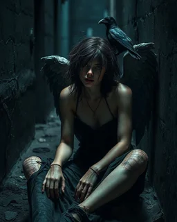 This image shows a fallen angel in a haunting, atmospheric scene. She sits in a dark alleyway, surrounded by subtle shadows and grunge textures, her skin damaged and her wild hair disheveled. A blind crow perches on her shoulder, adding to the eerie mood.