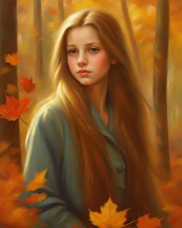 A young girl with long hair and autumn clothes in the autumn forest, beautiful portrait painting, by Vladimir volegov