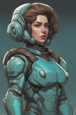 female futuristic soldier, aged 34, massive muscles, strong jaw, brown hair, turquoise spacesuit