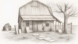 sketch drawing of a barn, tombstone, and some books
