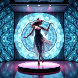 3d recursive mandlebolb fractal modern stage pretty lady dancing ,change her pose in each repeating her self