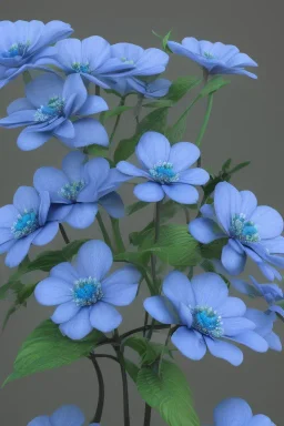 a bunch of blue flowers with green leaves, a digital rendering by Kanzan Shimomura, cgsociety, photorealism, rendered in maya, daz3d, photorealistic