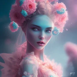 fairy, pink, blue, turquoise, beautiful, hyperrealism, masterpiece, expert, cinematic lighting, sharp focus, 8K, pastel, macro lens, woman, detailed, flower, galactic atmosphere