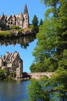 medieval gothic house built into rocks, lake, trees, arches, balconies, bridges, verandas, foliage, sunny blue sky