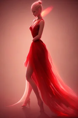 Adorable woman in red gown volumetric light ray in haze but cheater
