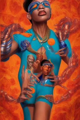 Coptic Art photorealistic portrait painting Afrofuturism style of Zoolander Miami Dolphins-themed female superheroine orange and teal skin-tight costume Reisha Perlmutter Leng Jun Stan Lee Joseph Ducreux Kehinde Wiley Boris Vallejo Jeff Koons Marvel Comics chunyu japanesehighschool academic art street art 64 megapixels Pixar, Disney 3d digital art, Maya 3D, ZBrush 3D shading dynamic lighting iridescent