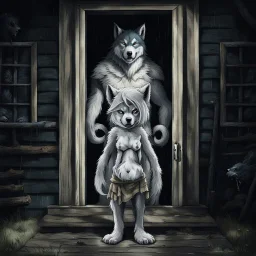 fantasy digital art of crying young female anthro wolf in gray hairy wolf body and wears just a short canvas rag around her waist , sadly crying face stands in the rain front the door, behind her an tall angry anthro dark hairy wolf man standing behind in rustic halb open door in an massive wooden house, deep colors, rainy day, detailed, anthropomorphic creatures, fantasy, sci-fi mood