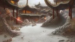 ancient, fantasy, chinese town, dune, crater, sand strom, destroyed chinese houses