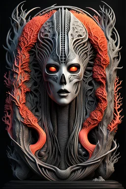 3D rendering of Expressively detailed and intricate of a hyperrealistic “HR Giger”: Dune movie inspired, front view, vines cable, scientific, single object, vivid colour, coral, fungi, black background, cosmic fractals, octane render, 8k post-production, detailled metalic bones, dendritic, artstation: award-winning: professional portrait: atmospheric: commanding: fantastical: clarity: 16k: ultra quality: striking: brilliance: stunning colors: amazing depth