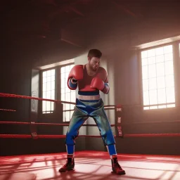 Man boxing in the ring unreal 5, octane render,cinema4d, dynamic lighting, 8k, redshift render, highly, hyperrealism ultra detailed, hyper realistic.