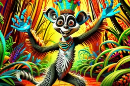 surreal, vibrant digital artwork featuring king Julien the lemur dancing with his tail held up high, with intricate abstract patterns and motifs swirling around them. striking facial features, wearing a crown made of skulls. dancing to "you gota to move it" in Disney style Madagascar