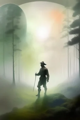 A shadow of man standing in a forest fog, Bosch painting style , planet Earth in the background