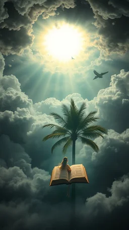 Sun light above swirling clouds, emerges from the heart of a raging storm. Turbulent winds of steam swirl around lit by shafts of sunlight that cast dramatic shadows on the A beautiful book in the middle behind a palm tree , a woman riding a magic carpet , High quality 16k cinematic scene and great photography
