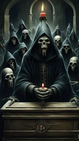 Bosch painting style, 3D ugly scary hooded creature sleeping in a coffin with hands on chest in surrounded by other hooded dark evil creatures wearing black one of them carrying a small candle in scary dark evil temple they all staring at the dead creature in the coffin