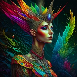 Pintura arte lineal de una Reyna elfo, coloreada, maximalista, calidad ultra, hiperdetallada, 12k