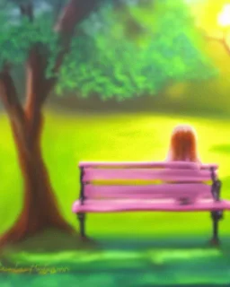 park mystical dream, park bench, man, woman, child, dog, trees, path, bird, sunshine, mystical, fantasy, romanticism, pastel colors, daylight, daytime, acrylic painting, detailed, soft focus,