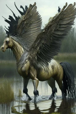 Swamp winged horse ,realistic, intricate