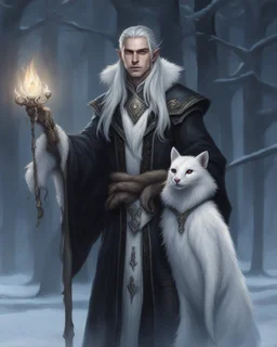 a young High Elf frost Wizard with long wiry hair, wearing a black trimmed white nobleman's robe and frost ornaments on clothes, with a weasel on his shoulder