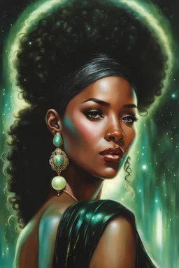 insanely detailed hyper-realistic black female, gorgeous, glitter, mint green and cream colors, style of drew struzan, WLOP