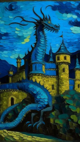 A dark blue castle with a benevolent dragon guarding it painted by Vincent van Gogh