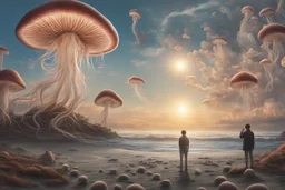 Standing on a beach of an alien world, watching mushrooms with jellyfish tentacles in the sky, photorealistic, Deep Colour, Fantastical, Intricate Detail, sunshine