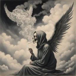 women sitting Her face turned upwards and blows cigarette smoke from their mouth. It depicts a figure with wings emerging from its back. a hooded skeleton can be seen behind the clouds of smoke.