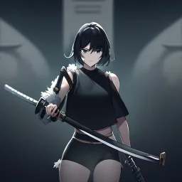 Clear focus,High resolution, black short fluffy hair, long fluffy bangs, and dark blue eyes, Depressed girl, wearing a black short shirt with a black sleeveless crop top, dark aura, controlling water, in a black room, holding a katana