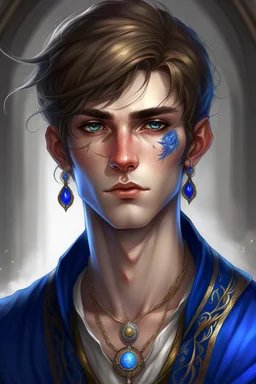 a wealthy half-elf young man with pointy ears and blue eyes, wears lots of jewelry