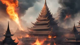 Amidst the flames in the Rattanakosin fantasy world, a striking contrast emerges. A war with temples and a dragon