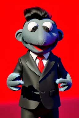 Waist up muppet Portrait, Kim Jong-un muppet doll, black suit, photo studio, red background, unreal engine 5, concept art, art station, god lights, ray tracing, RTX, lumen lighting, ultra detail, volumetric lighting, 3d.