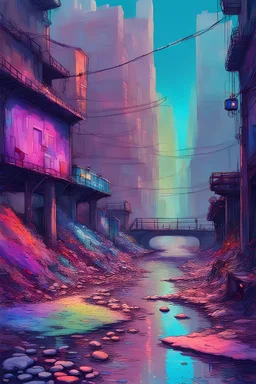 painting of a cyberpunk colourful natural walkway rubbish on the street in the city with pollution and a small bridge by a creek by monet and replicant dreams androids and electric sheep