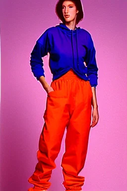 year 1994 women fashion. Karjalainen kuvio, Karjala, "summer combat suit trouser" with low waist, baggy, Combat pants, t-shirt and interesting hoodie with high tippet integrated to bolero. Colors: denim blue, blue, purple, khaki, "pastel light green", lilac, plum, orange, terracotta, red, pink, dark blue, beige. Women models. Starling pattern prints.Jennifer Lopez, Gwyneth Paltrow. intgrated bag. Big tennis shoes on. Cargo pants. Hat with a visor, integrated to AKG-style headphones.