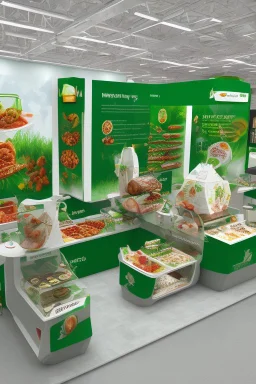 Corner green exhibition stand of a food company with product displays and a meeting area