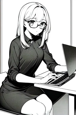 girl with glasses works on a laptop sitting in a cafe, line arts, greyscale