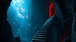 Stairs between heaven and hell, a big vertical spiral staircase made of indefinable material, the end of which cannot be seen, connecting the hellish dark depths with the endless dark blue universe, higg detailed, surreal, dark vibe, cinematic