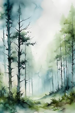 Watercolor image of a forest in the fog, animalism