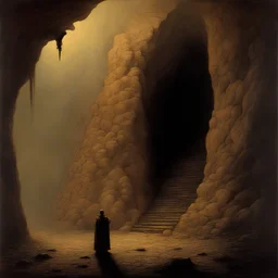 Cavern by Zdzisław Beksiński oil painting dark fantasy dragon sword dwarf