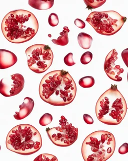 pomegranate seeds behind water droplets through a prism and refraction, on a white background