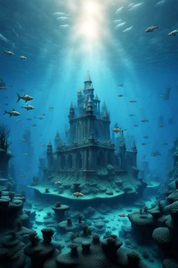 an ancient castle from atlantis in the middle of the ocean surrounded by fish, digital fantasy art, in deep sea water, it is an stunning etheral old place, an ecological gothic scene, underwater photograph, reconstruction, stunning ruins, flooded monuments, high detalies, sharp focus, realistic