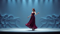 modern stage with gray-blue theme artistic decoration , color full dynamic lighting, a beautiful lady in modern maxy dark purple red dress with shining silver jwells dancing, 3D recursive fractal structure animating background